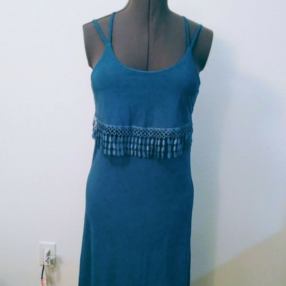 Jon & Anna Womens Small Teal Strappy Sleeve Fringe Tassels A-Line Maxi Dress - Picture 4 of 6
